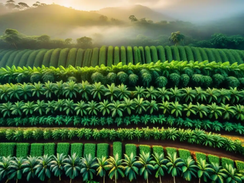 Un paraíso verde de coconas maduras bajo el sol, con un agricultor experto inspeccionando la cosecha