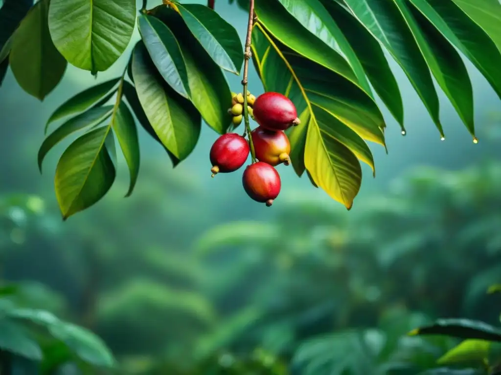 Un paraíso verde en la selva amazónica con el fruto del camu camu brillando con rocío