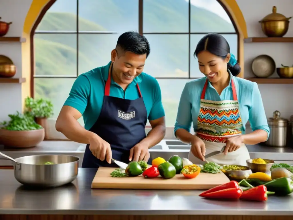 Pareja preparando ceviche en cocina peruana, mostrando talleres de cocina peruana en pareja