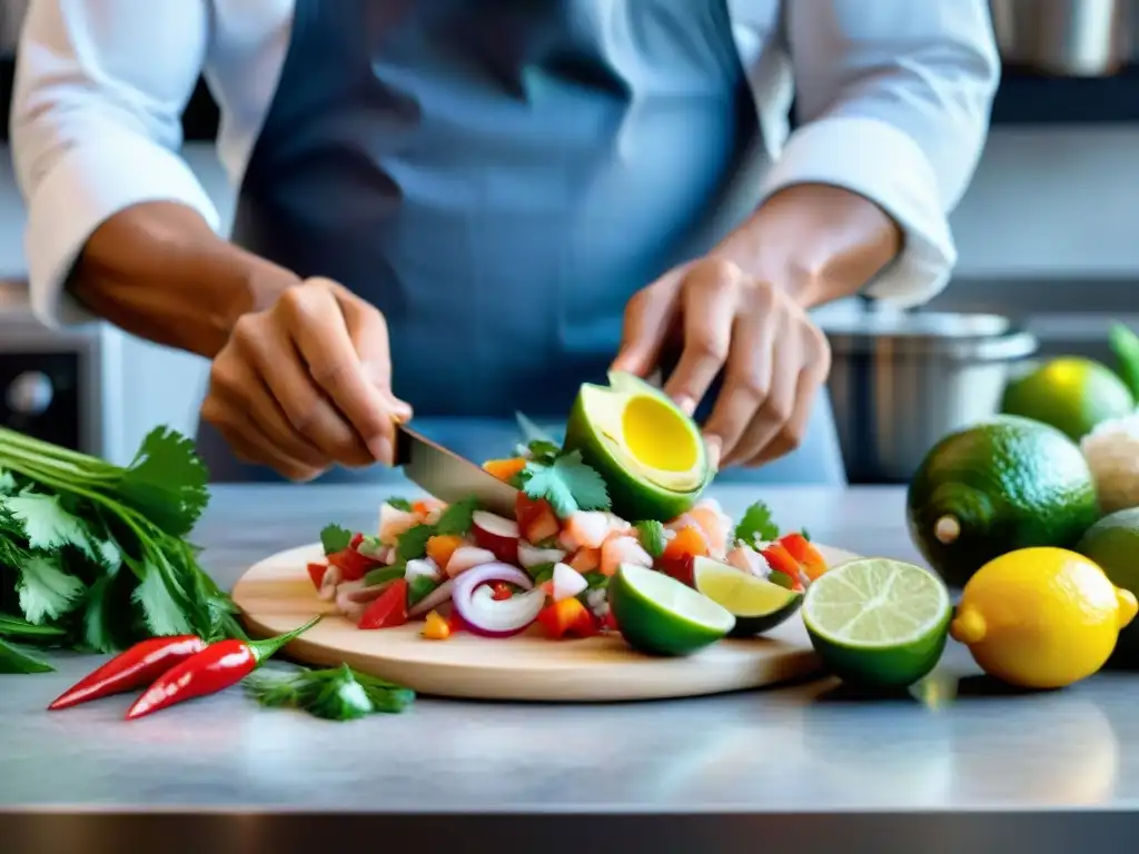 Una pareja disfruta preparando ceviche peruano en talleres de cocina en pareja