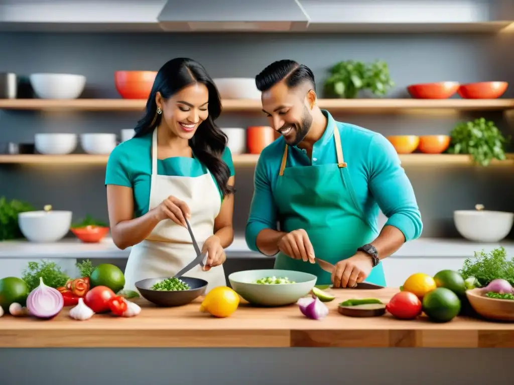 Una pareja peruana disfruta preparando ceviche en un taller de cocina, rodeados de frescos ingredientes y decoración tradicional