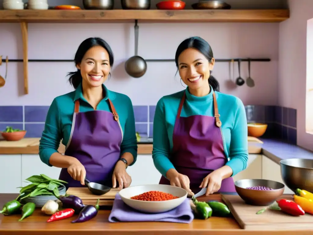 Una pareja disfruta un taller de cocina peruana, preparando platos tradicionales con ingredientes coloridos en un ambiente acogedor y vibrante