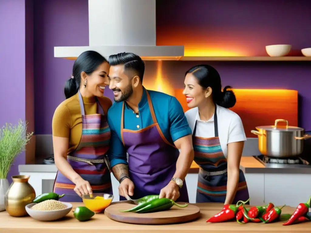 Una pareja en un taller de cocina peruana, preparando ceviche con ingredientes tradicionales en una cocina moderna y acogedora