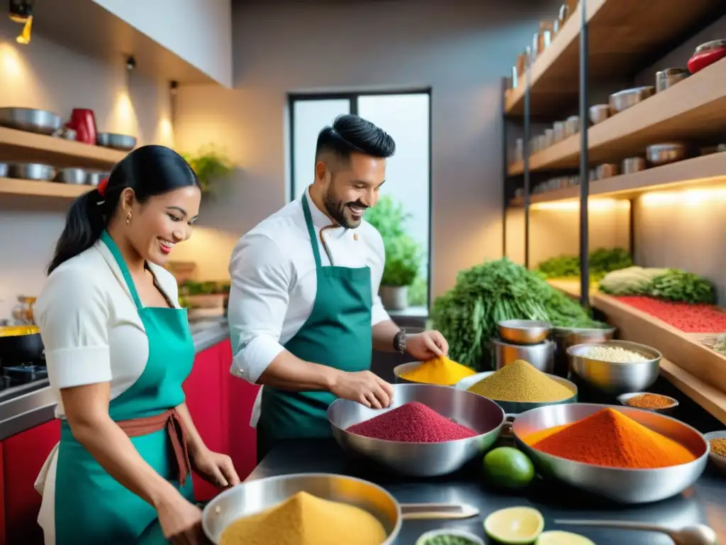 Pareja disfrutando de talleres de cocina peruana en un estudio culinario vibrante y dinámico