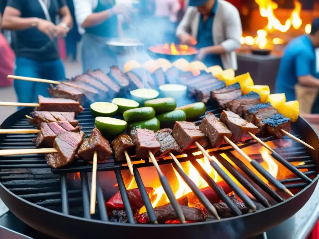 Una parrilla llena de corazones de res marinados, con llamas y ambiente festivo en Lima