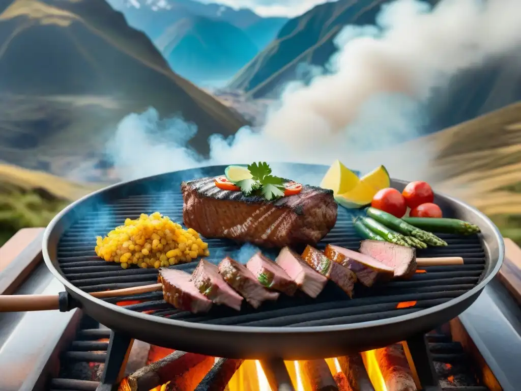 Una parrilla peruana en los Andes: cortes de carne sizzling, vegetales coloridos y manos expertas cocinando