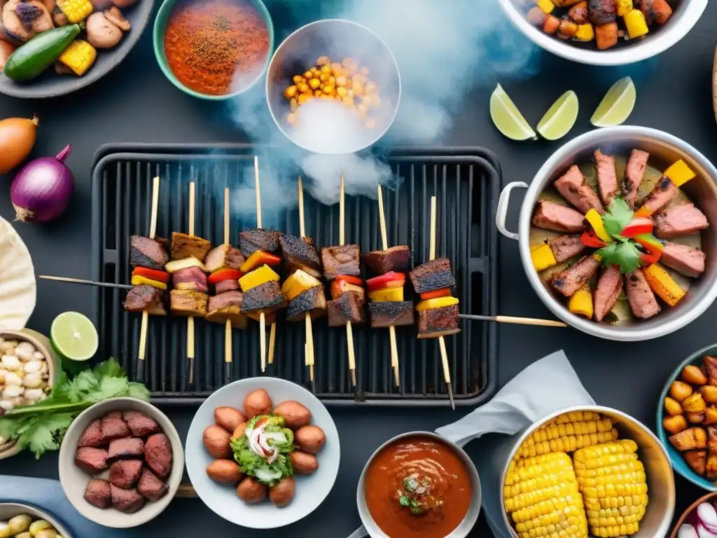 Una parrilla peruana tradicional con chefs expertos cocinando anticuchos, chorizo y pollo marinado sobre brasas calientes