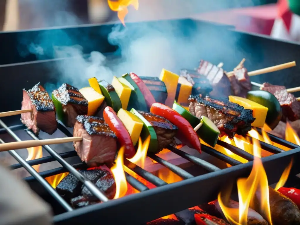 Una parrilla peruana tradicional llena de coloridas y suculentas carnes marinadas, con llamas danzantes