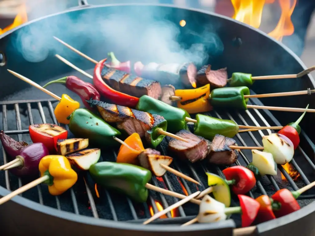 Una parrilla peruana tradicional en un mercado bullicioso: sabores y colores se mezclan en un festín