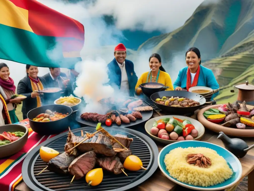 Una parrillada peruana tradicional en pleno apogeo, colores vibrantes y deliciosa comida