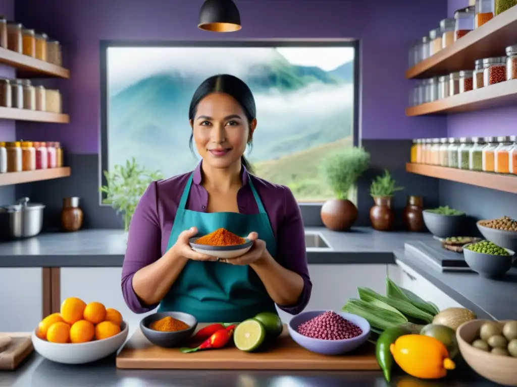 Chef Pía León preparando con pasión la riqueza de la gastronomía peruana entre ingredientes autóctonos vibrantes