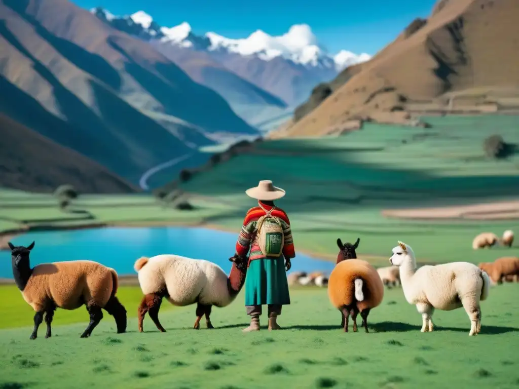 Un pastor peruano cuida de sus alpacas en los Andes, representando la ganadería sostenible en gastronomía