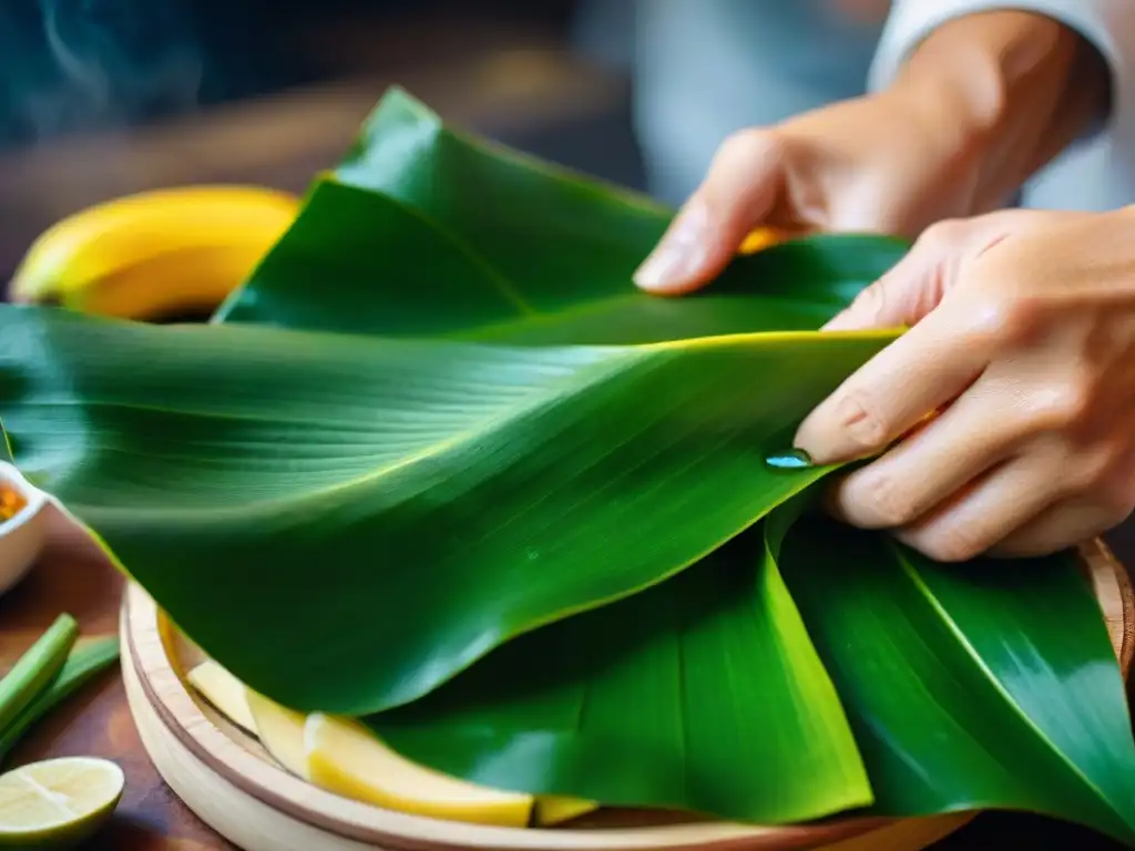 Preparando Patarashca: pescado sazonado envuelto en hoja de plátano, resaltando la tradición culinaria peruana