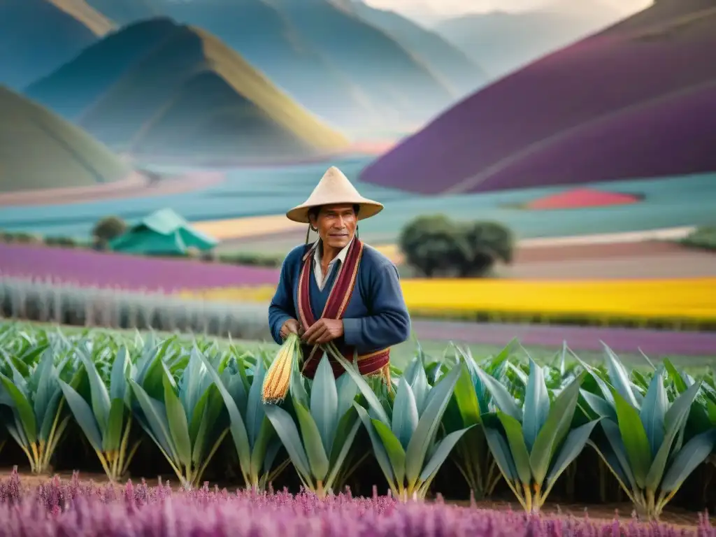 Pequeño agricultor en biodiverso campo peruano, con cultivos coloridos y los Andes de fondo