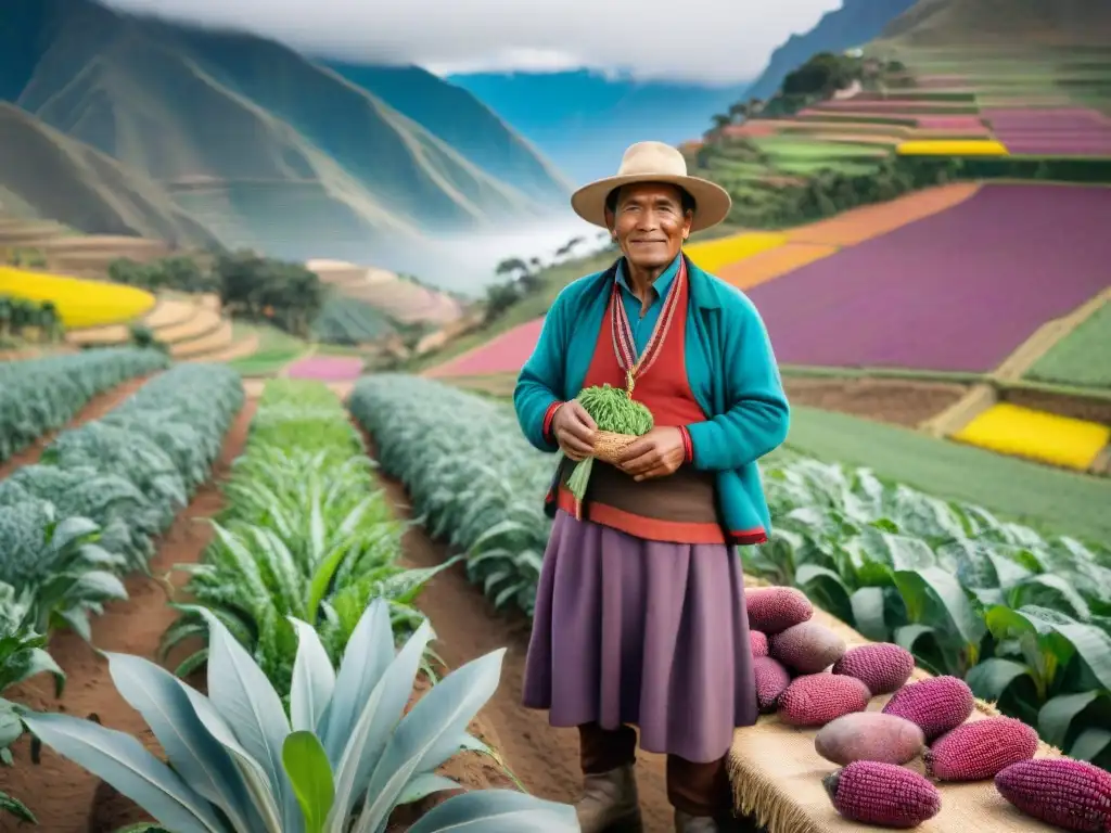 Pequeño agricultor peruano cuidando cultivos autóctonos, destacando la conexión con la biodiversidad