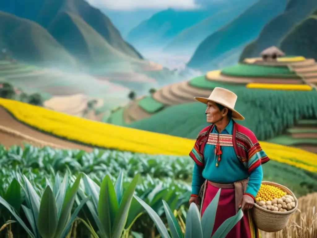 Un pequeño agricultor peruano rodeado de cultivos nativos en un paisaje biodiverso
