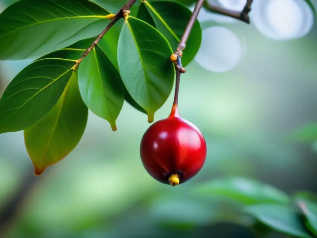 Pequeño fruto maduro de camu camu en la exuberante selva amazónica
