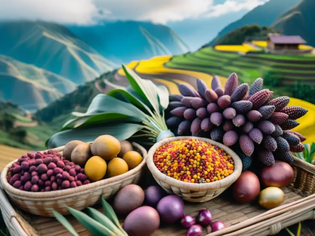 Pequeños agricultores biodiversidad Perú: Colorida variedad de cultivos nativos peruanos en cestas tejidas con montañas andinas de fondo
