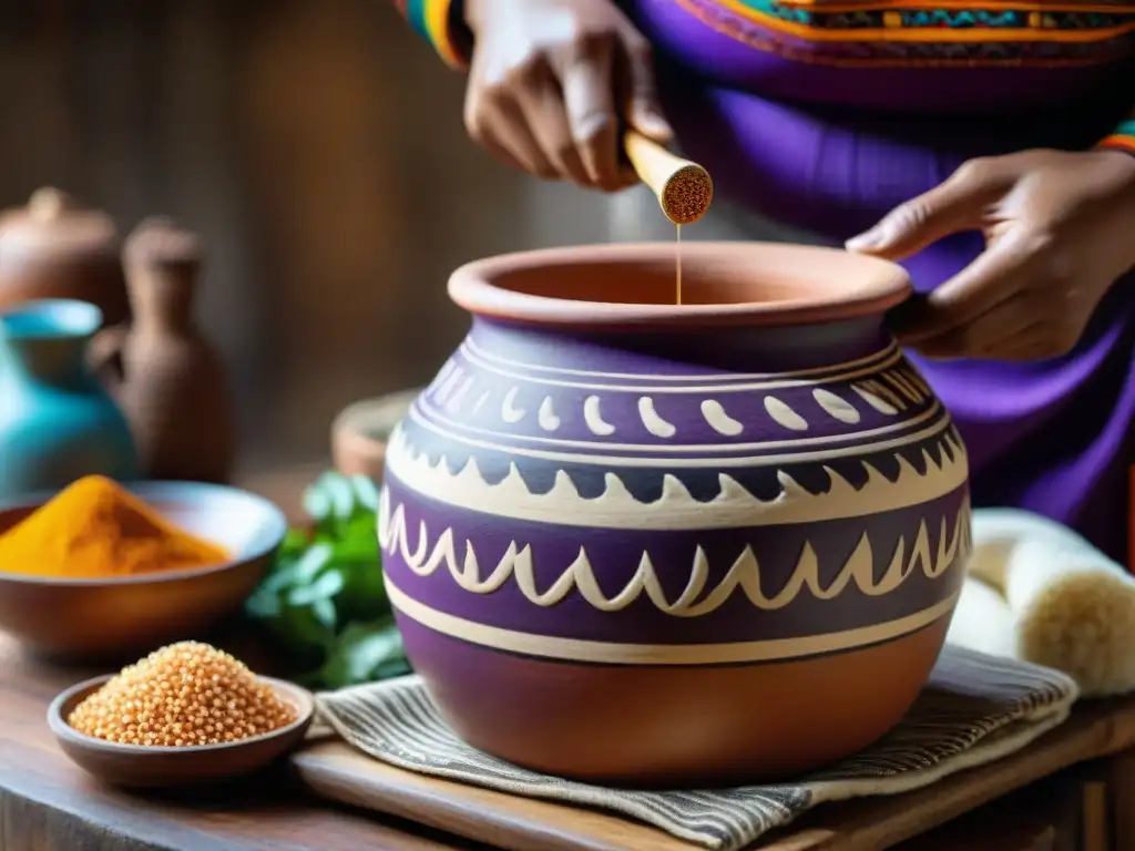 Chomba peruana de arcilla con diseño tallado a mano, fermentando maíz morado y quinua