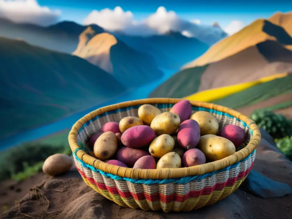 Papa peruana en cesta tejida, resalta ante majestuosos Andes