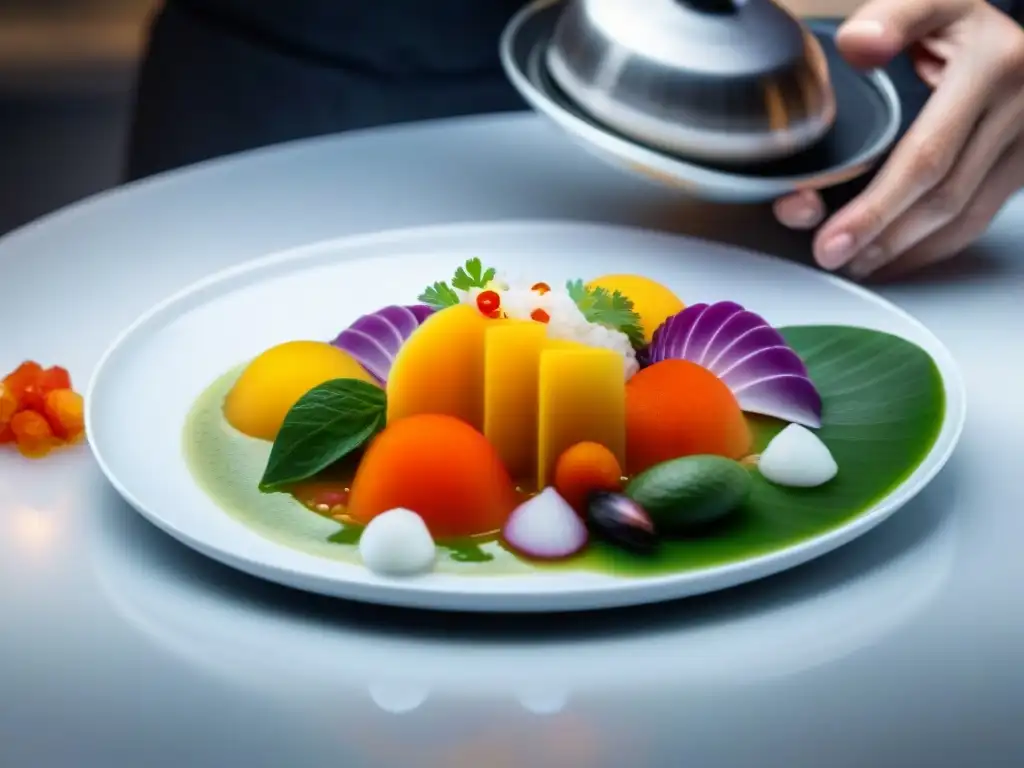 Fusión gastronomía peruana tecnología: Chef preparando ceviche con técnicas vanguardistas en cocina moderna