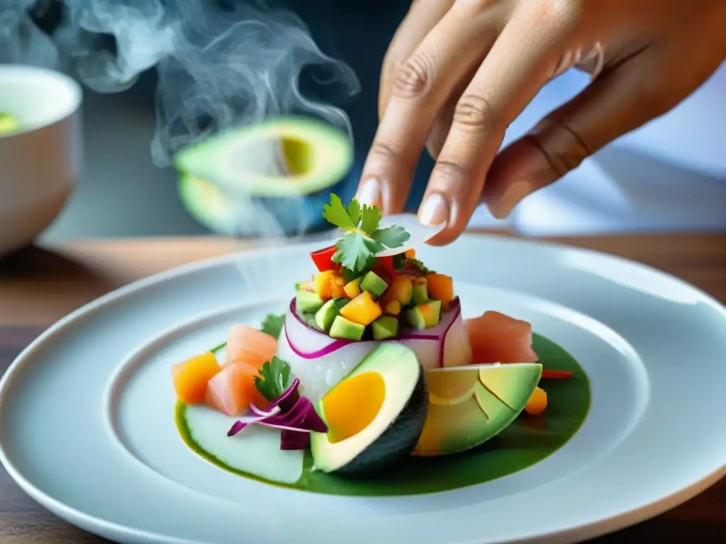 Innovación en gastronomía peruana: Chef peruano preparando ceviche con detalle y color en cocina moderna