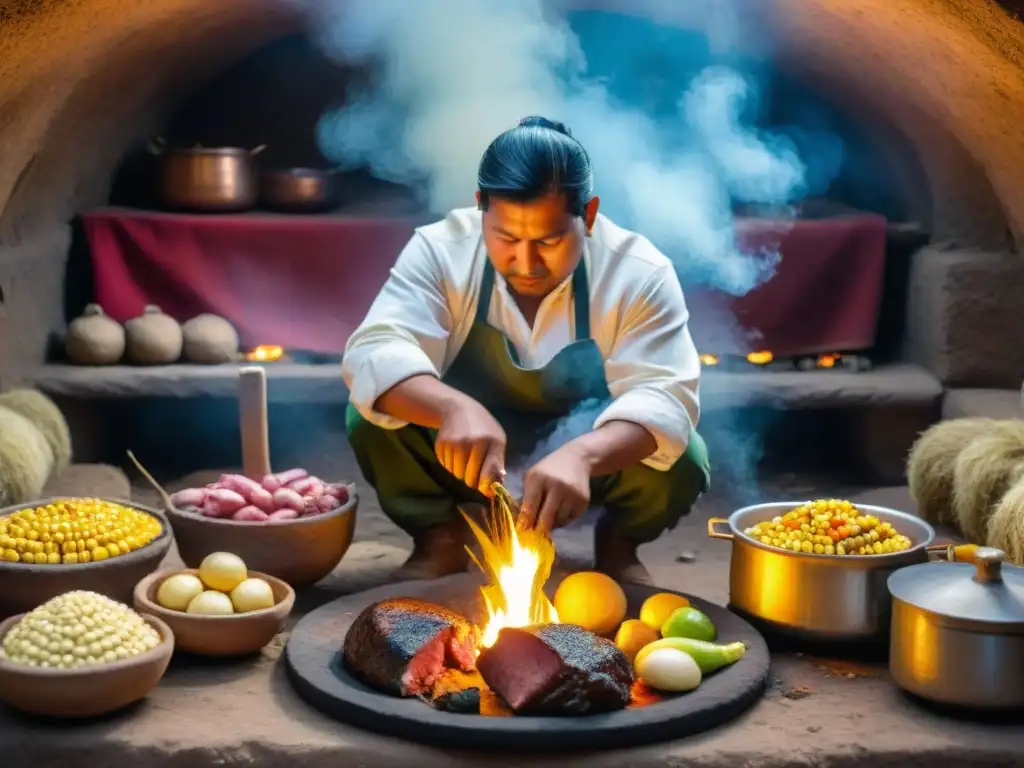 Preparación de pachamanca peruana con chefs y agricultores, fusiones de ingredientes