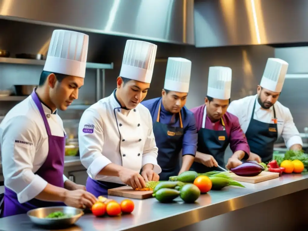 Innovación en gastronomía peruana: Chefs peruanos creando platos tradicionales con un toque moderno en una cocina vibrante y llena de energía