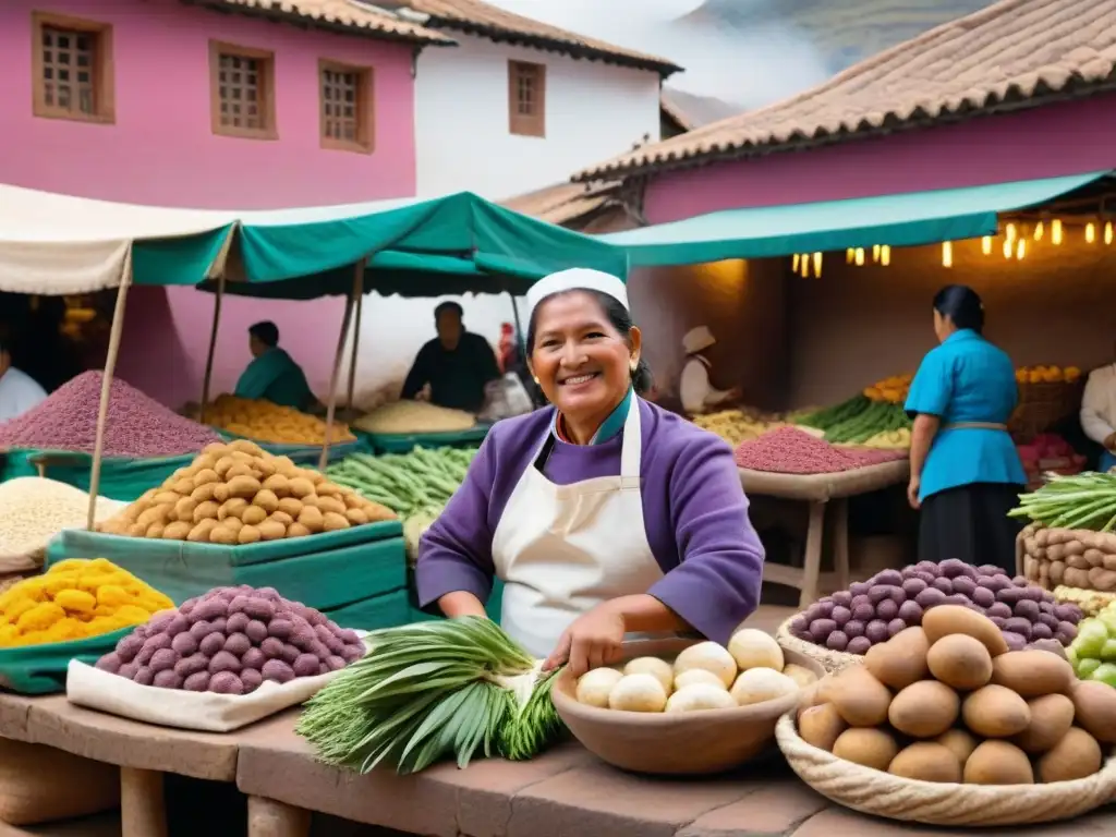 Gastronomía peruana en Cusco y Valle: Chef preparando plato tradicional rodeado de coloridos productos en mercado bullicioso