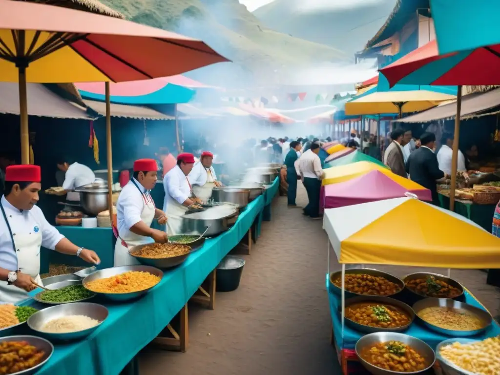 Promoción gastronomía peruana eventos clave: Festival culinario en Perú con puestos de comida coloridos y chefs preparando platos tradicionales