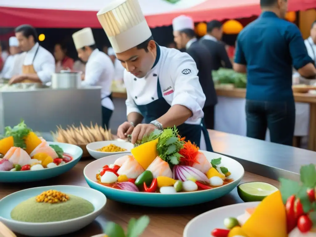 Sabores peruanos en evento culinario internacional Viva representación cocina peruana en eventos culinarios: chef prepara ceviche rodeado de ingredientes coloridos y multitud diversa