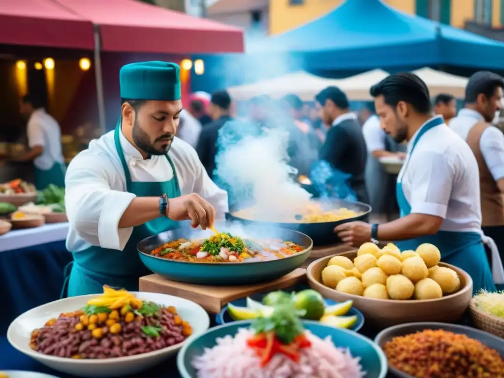 Gastronomía peruana en eventos internacionales culinaria: chefs preparando ceviche, lomo saltado y causa en un festival de comida vibrante