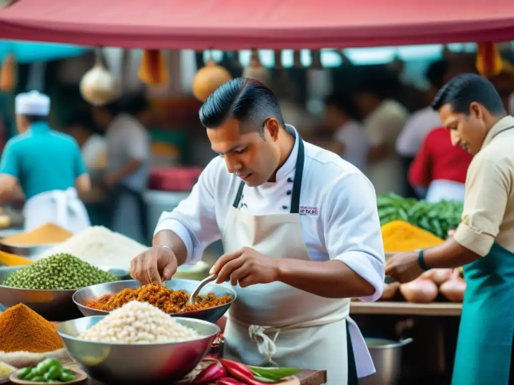 Gastronomía peruana en el extranjero: Animado mercado de comida peruana con ceviche fresco y coloridos platos tradicionales