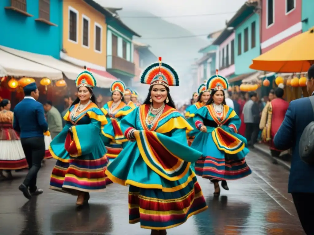 Gastronomía peruana en festividades: coloridas calles de Lima con diversidad de platillos y danzas tradicionales