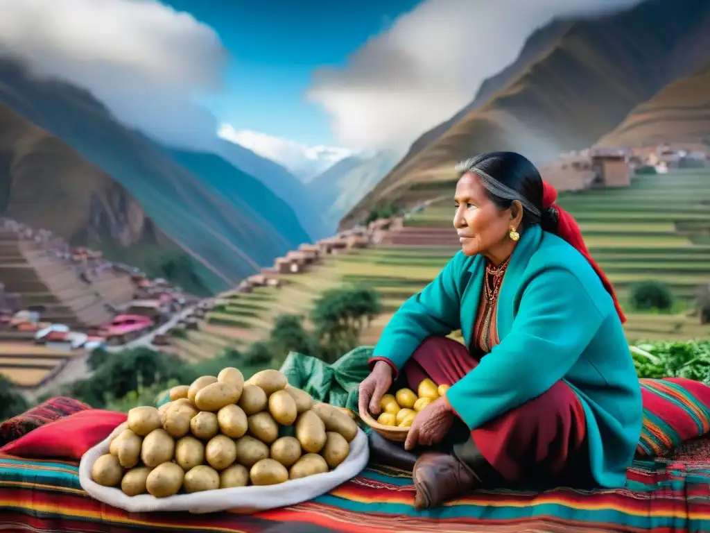 Papa peruana, ingrediente estrella gastronomía: mercado andino vibrante con papas coloridas en mantas tejidas tradicionales