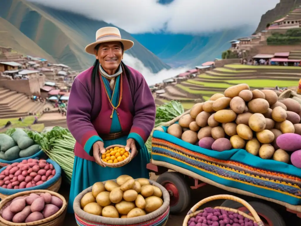 Papa peruana, ingrediente estrella de la gastronomía, escena vibrante de mercado andino con papas de colores en cestas tejidas