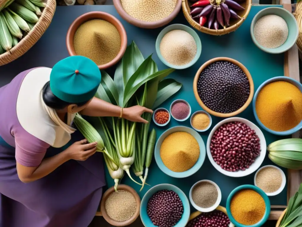 Fusión gastronomía peruana ingredientes autóctonos en un mercado vibrante y colorido