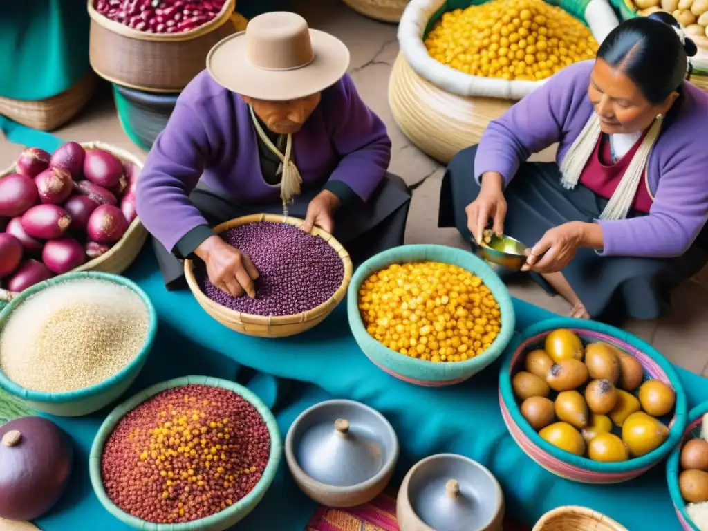 Fusión gastronomía peruana ingredientes autóctonos en vibrante escena de mercado peruano con maíz morado, papas amarillas, quinua y ajíes