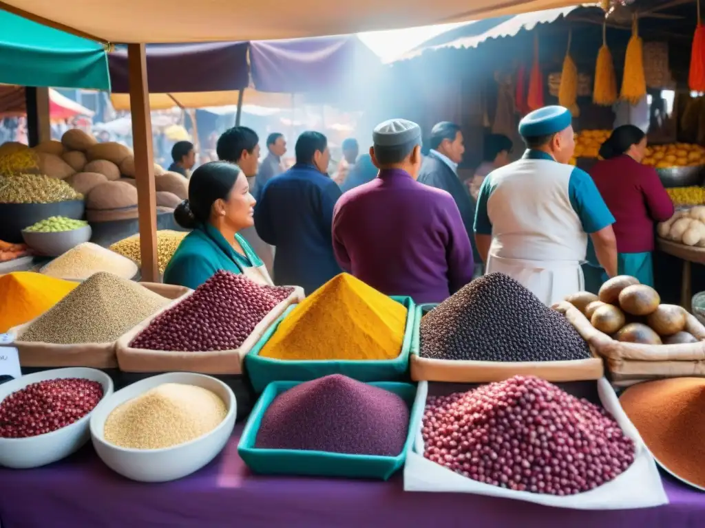 Transformación gastronomía peruana: mercado bullicioso con ingredientes andinos y chefs intercambiando recetas, simbolizando el mestizaje culinario