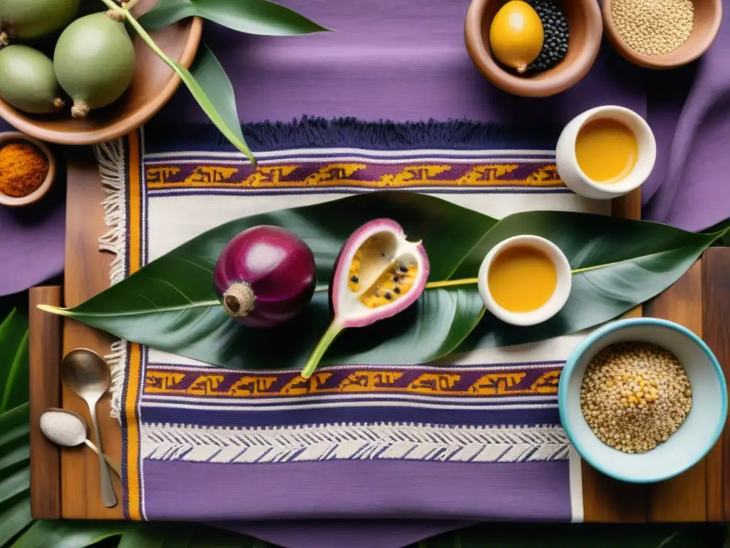 Decoración temática gastronomía peruana: Mesa adornada con mantel peruano, frutas exóticas y cerámica artesanal