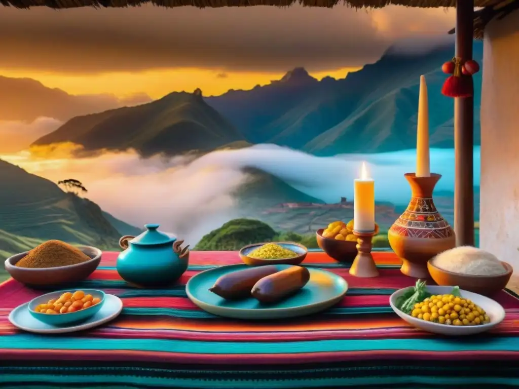 Decoración temática gastronomía peruana: Mesa Andina tradicional con Pachamanca y textiles coloridos en hogar rústico iluminado por velas