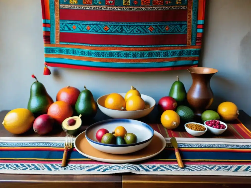 Decoración temática gastronomía peruana: Mesa bellamente decorada con textiles y vajilla tradicional, frutas exóticas y chicha morada