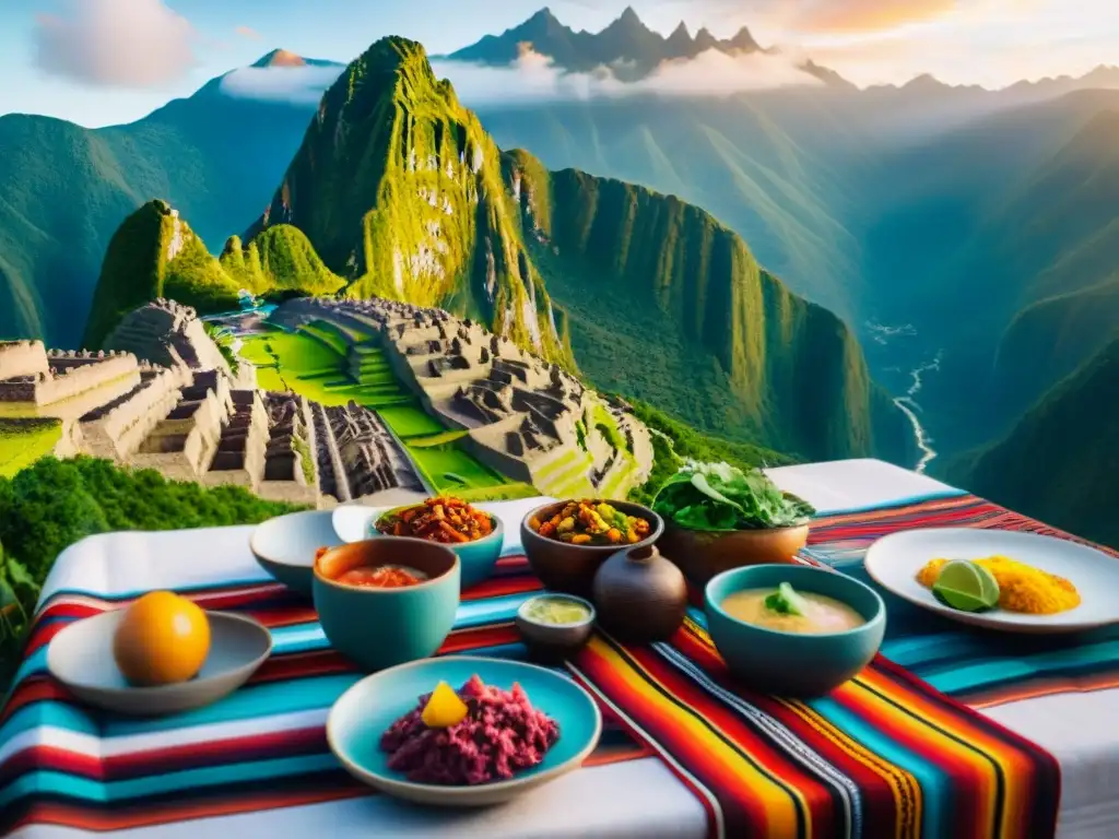 Decoración temática gastronomía peruana: Mesa elegante con platos típicos y vista de Machu Picchu al atardecer