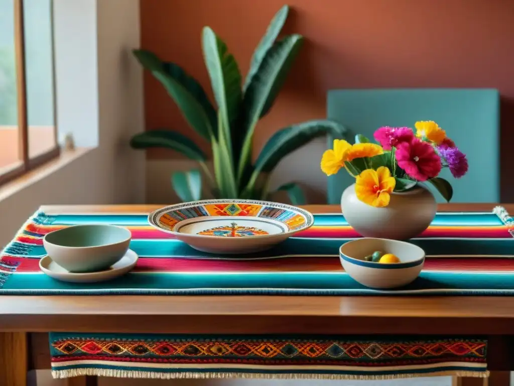 Decoración temática gastronomía peruana en mesa elegante con textiles vibrantes, vajilla y flores frescas