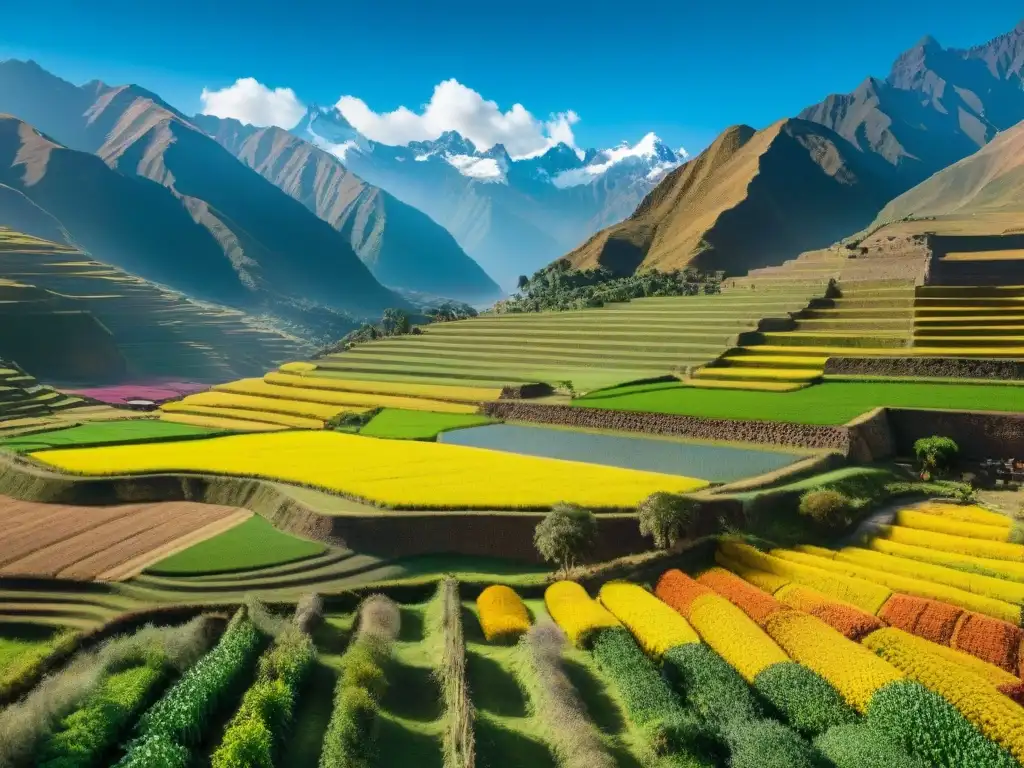 Gastronomía peruana sostenible: paisaje andino con quinoa, papas coloridas y agricultores indígenas trabajando en terrazas incas