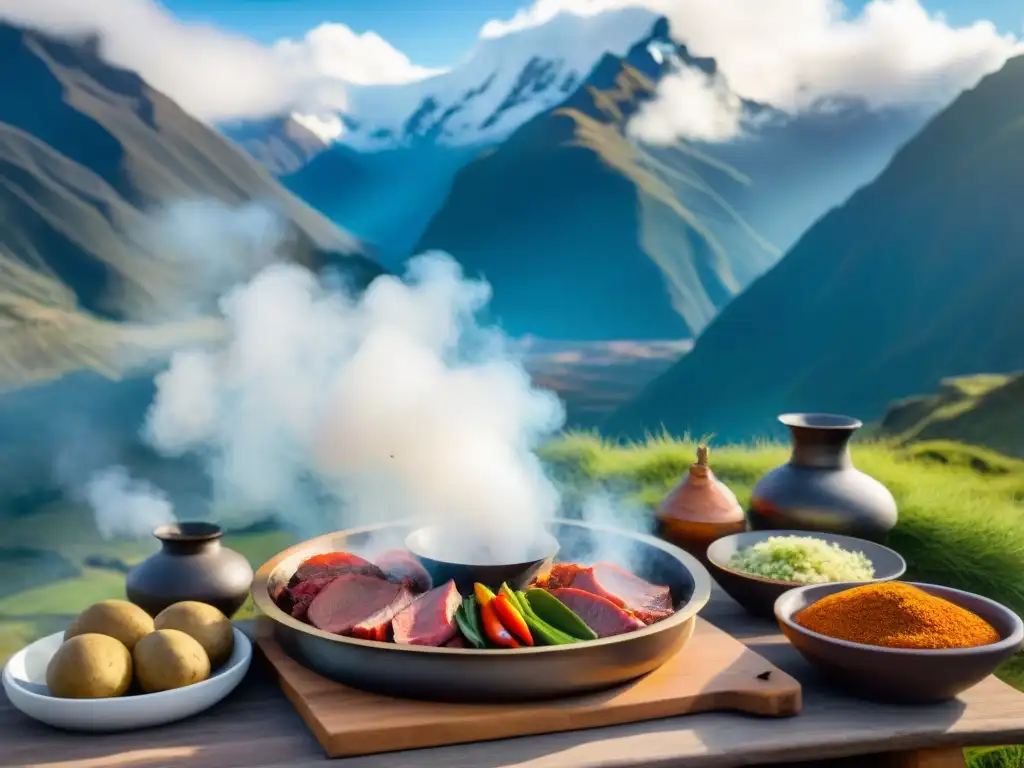 Preparación de pachamanca peruana tradicional en los Andes: chefs locales cocinan con fusiones, rodeados de naturaleza y montañas nevadas