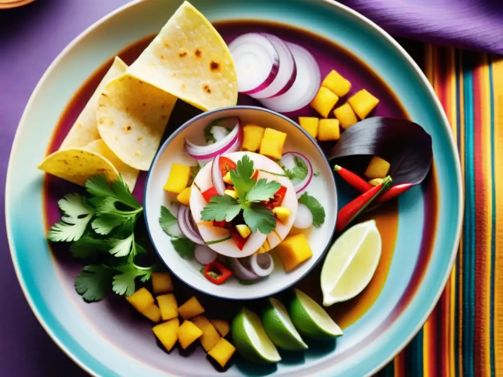 Fotografiar la gastronomía peruana única: un ceviche vibrante en plato de cerámica sobre textiles tradicionales