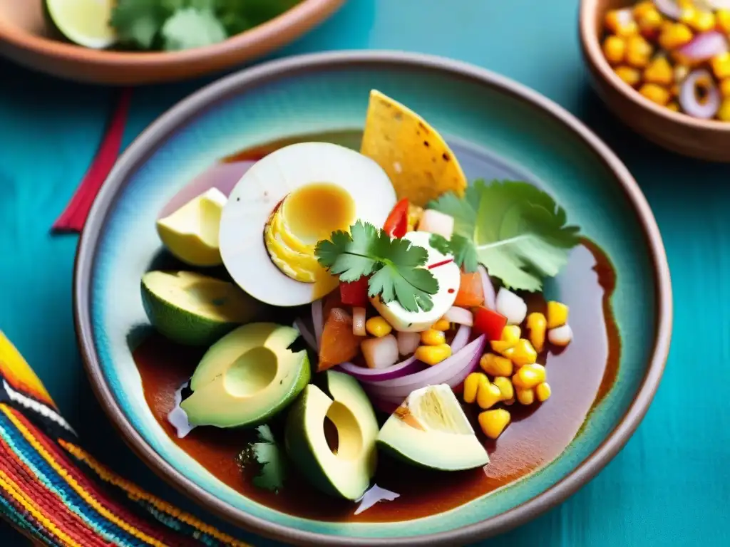 Una fotografía de gastronomía peruana única con ceviche colorido y detallado en plato tradicional