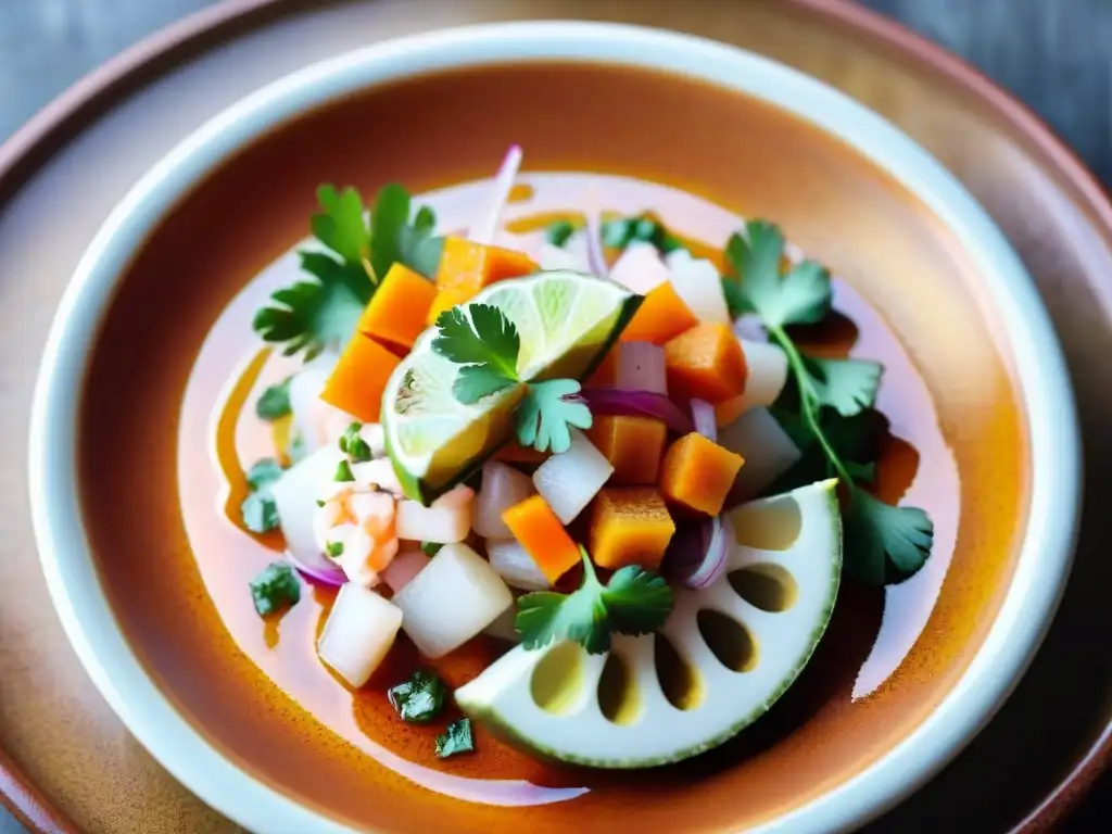 Fotografiar gastronomía peruana única: Detalle de ceviche peruano vibrante y artísticamente presentado en plato de terracota