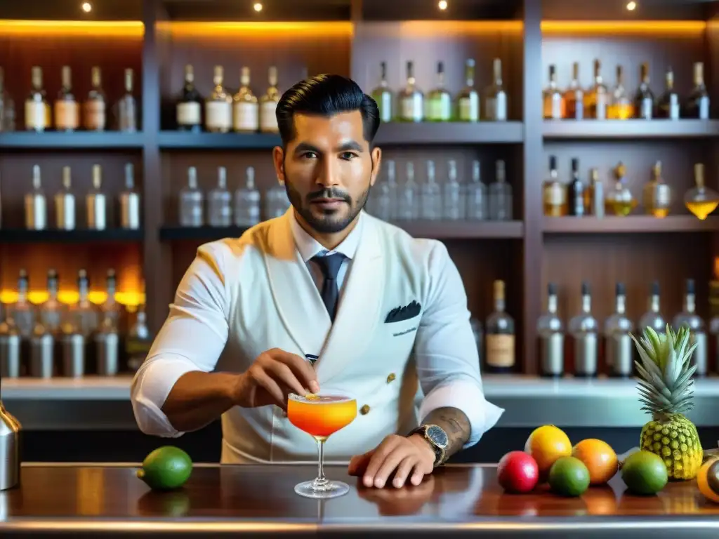 Bartender peruano innova cocteles pisco en bar elegante con frutas exóticas y hierbas aromáticas